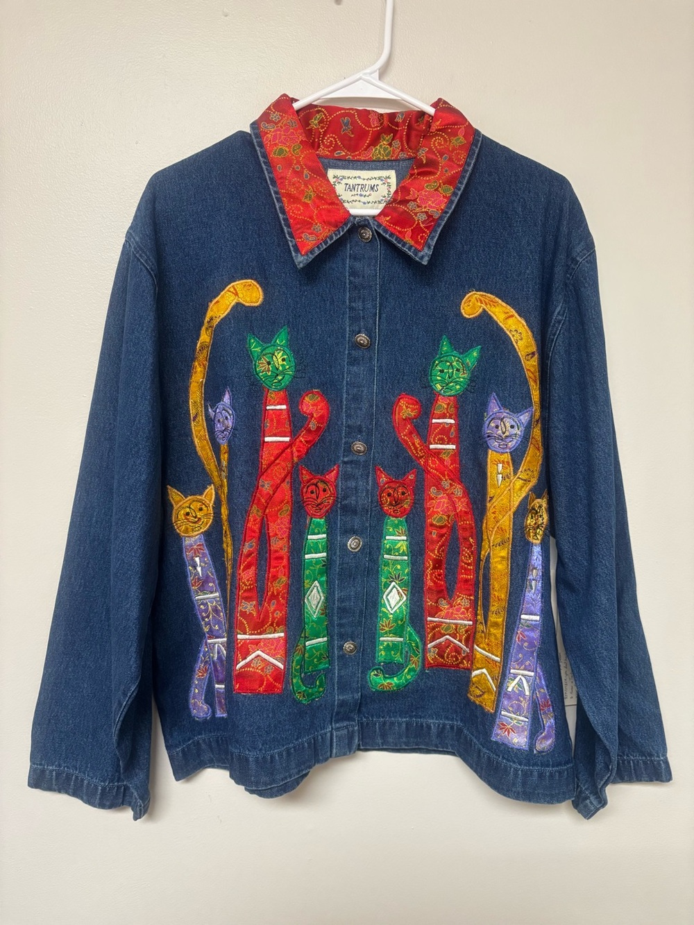 Vintage Tantrums Denim Jacket Multicolor Embroidered Cats Art to Wear Artsy XL